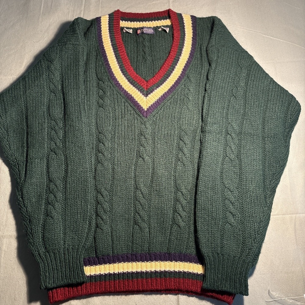 Austin Reed Mens Shetland Wool Cable Knit Cricket Sweater Green V-Neck Large